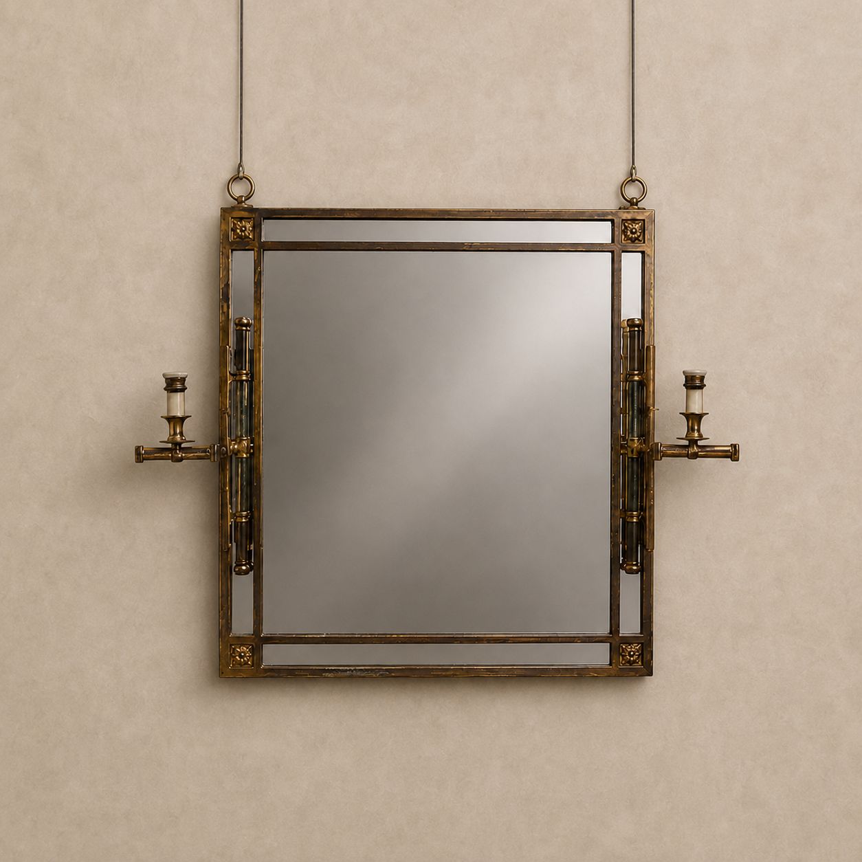 Bronze and Brass Mirror with Integrated Articulating Sconces