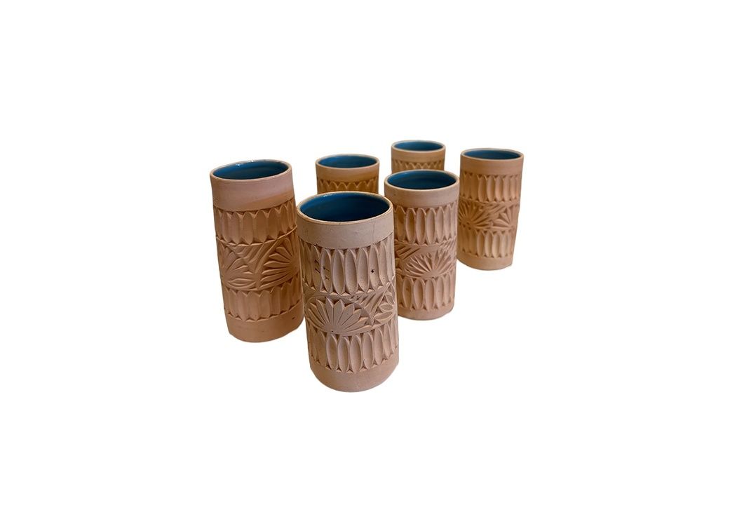 Mid-Century Carved Vessel with Blue Interior
