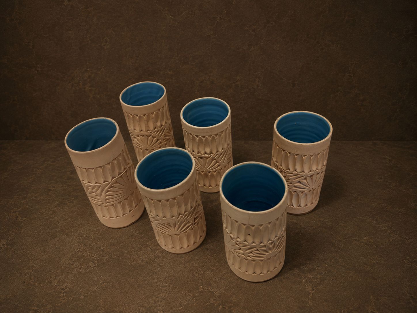 Set of 6 Mid-Century Carved Vessels with Blue Interior