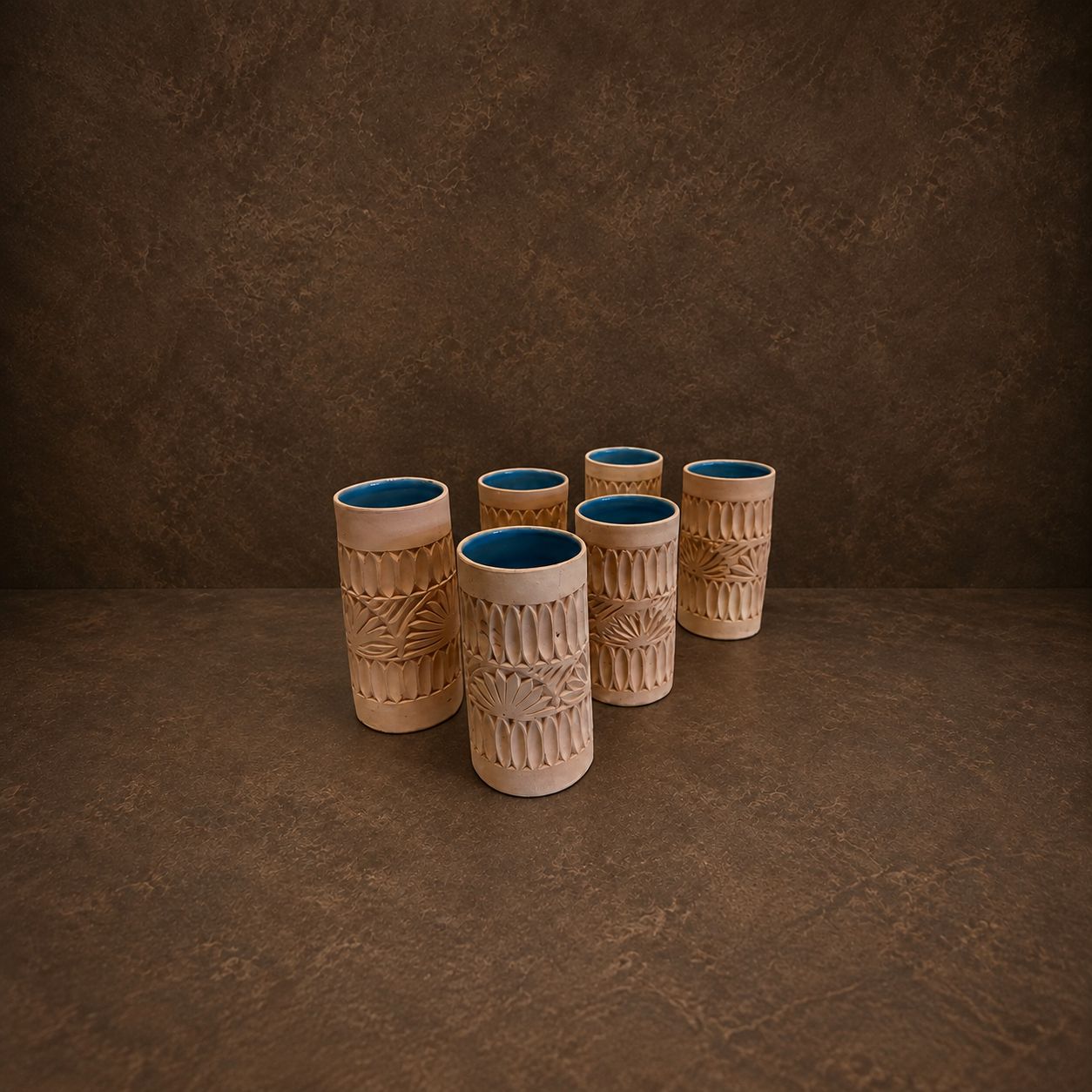 Set of 6 Mid-Century Carved Vessels with Blue Interior
