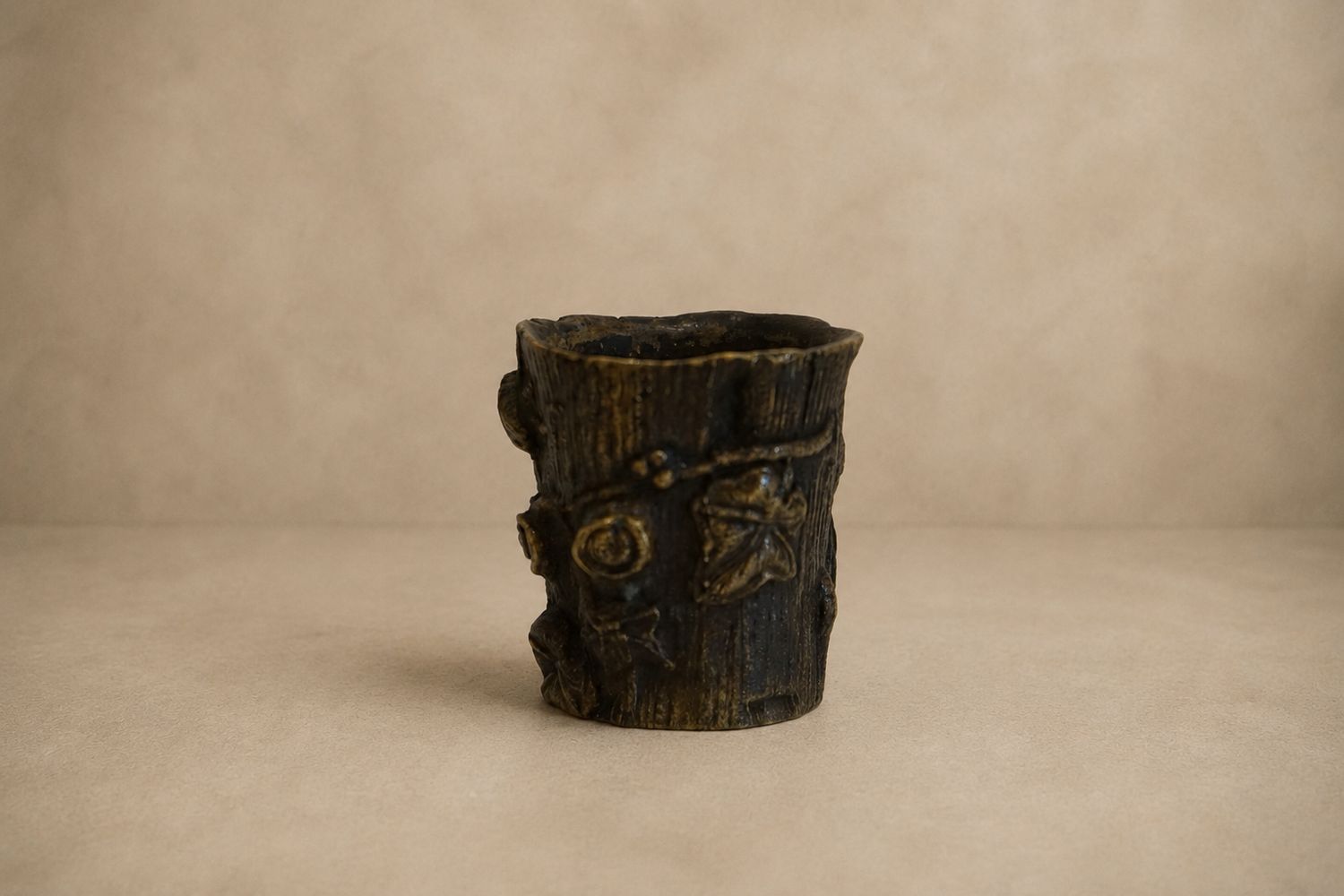 Petite Faux Bois Brass Vase with Details