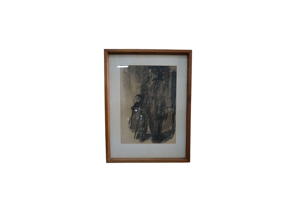 Charcoal Father &amp; Daughter in Coats Framed in Wood