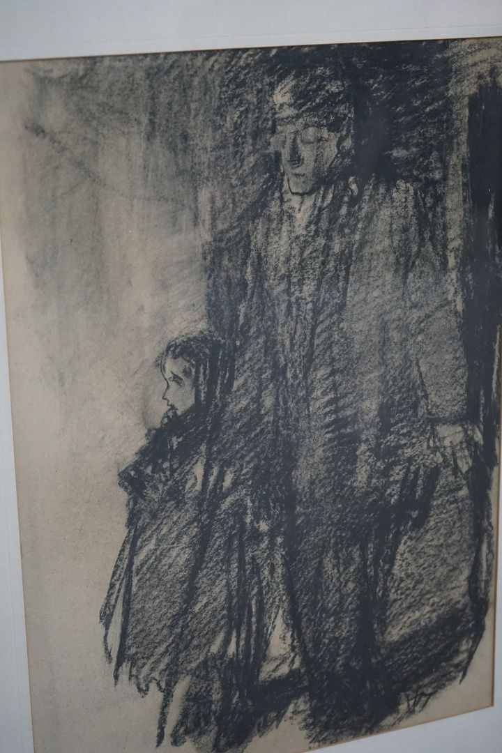 Charcoal Father &amp; Daughter in Coats Framed in Wood