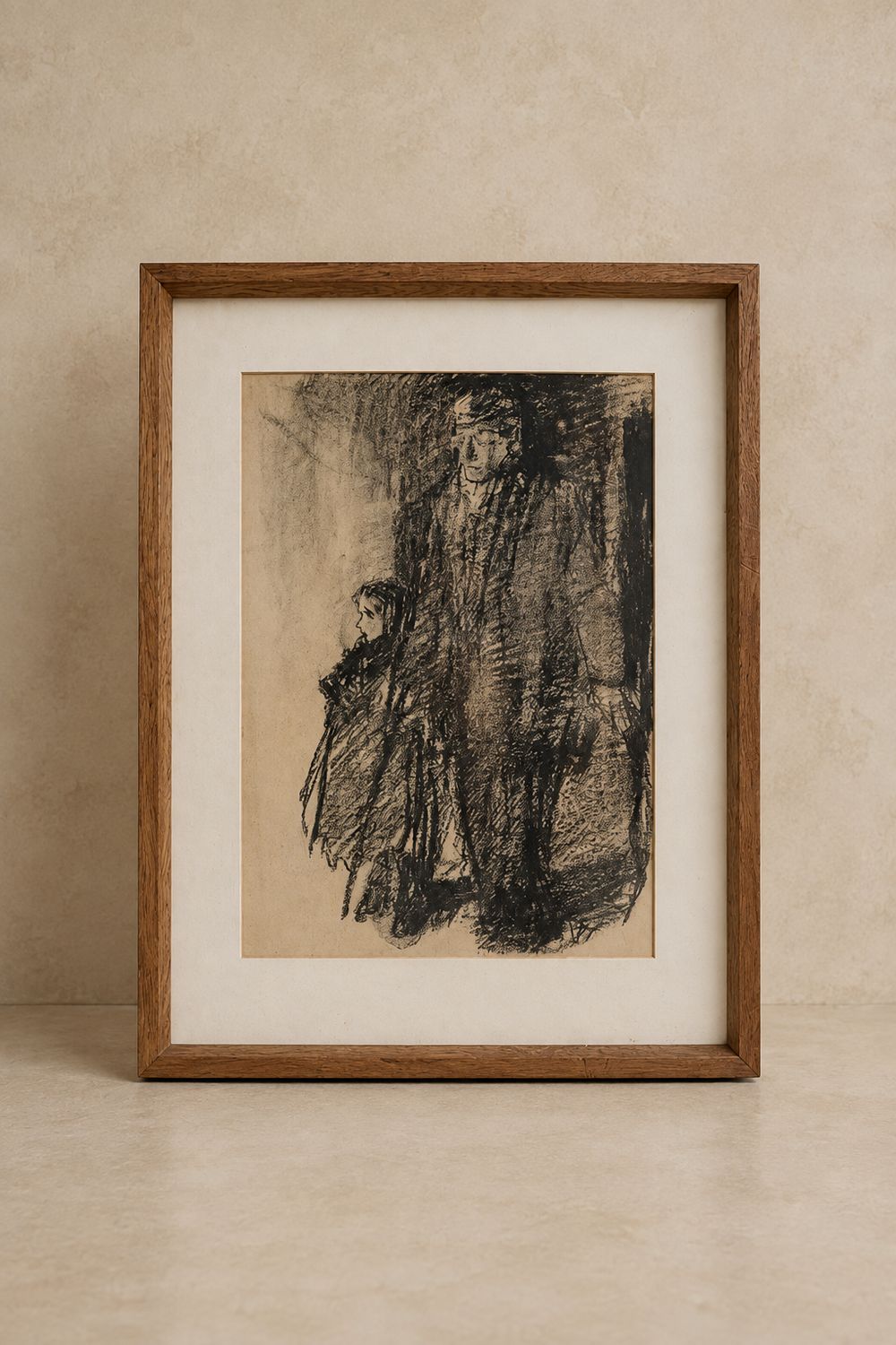 Charcoal Father &amp; Daughter in Coats Framed in Wood