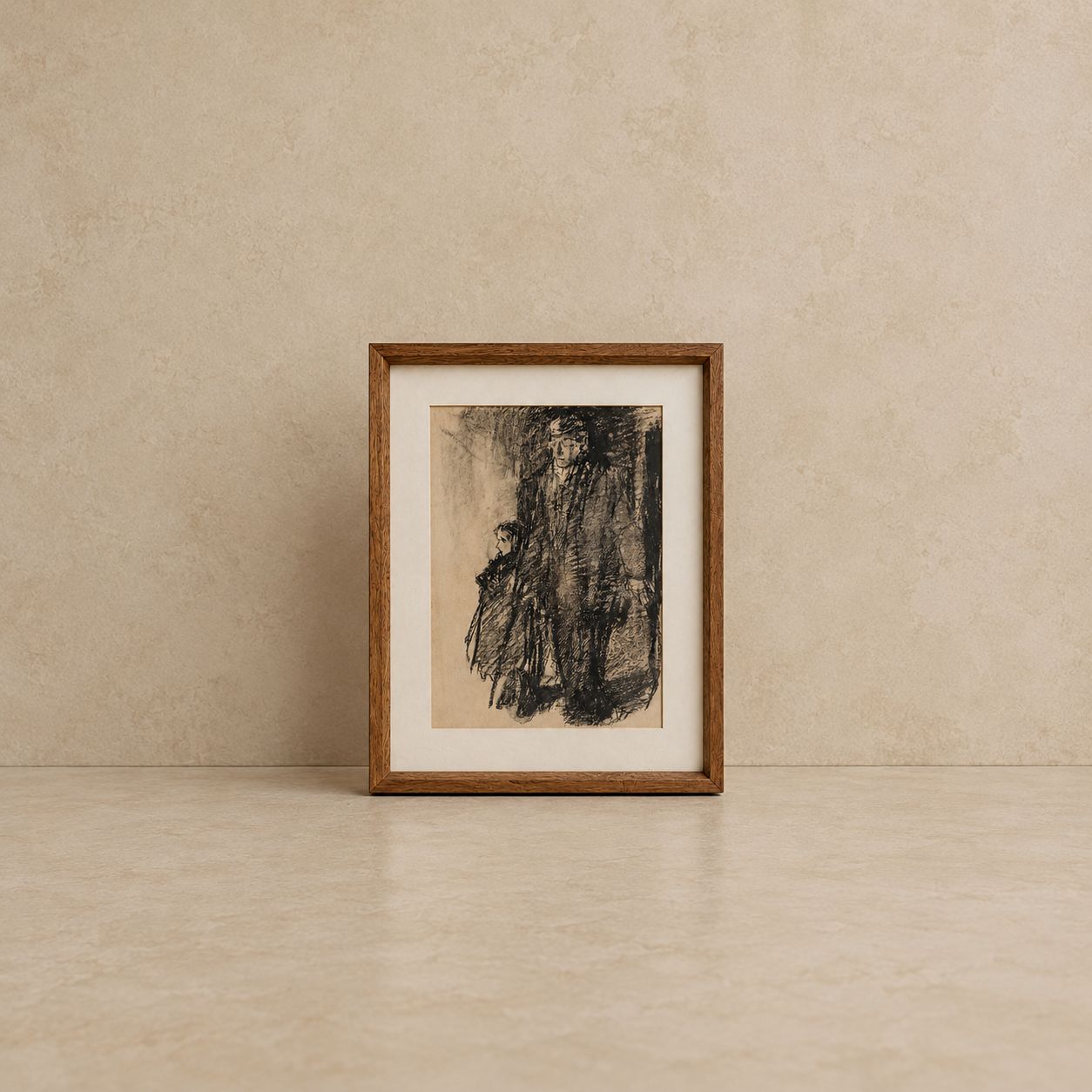 Charcoal Father &amp; Daughter in Coats Framed in Wood