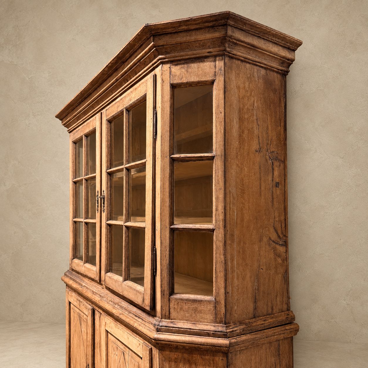 18th Century Belgian Bleached Cabinet With Velvet Shelves &amp; Glass Doors