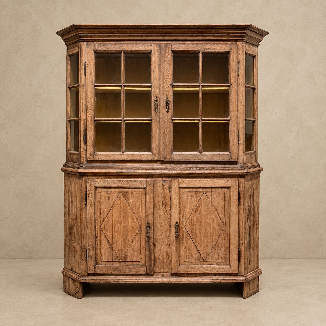 18th Century Belgian Bleached Cabinet With Velvet Shelves &amp; Glass Doors