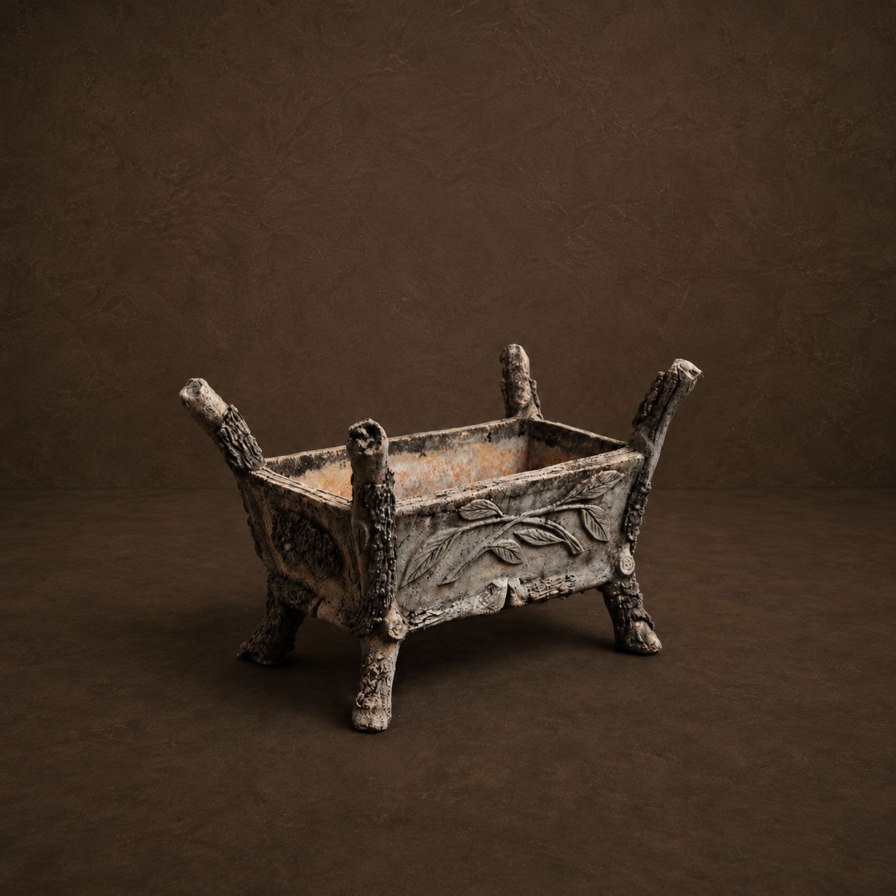 Faux Bois Cast Stone Garden Planter with Floral Motif, France, c.1960's