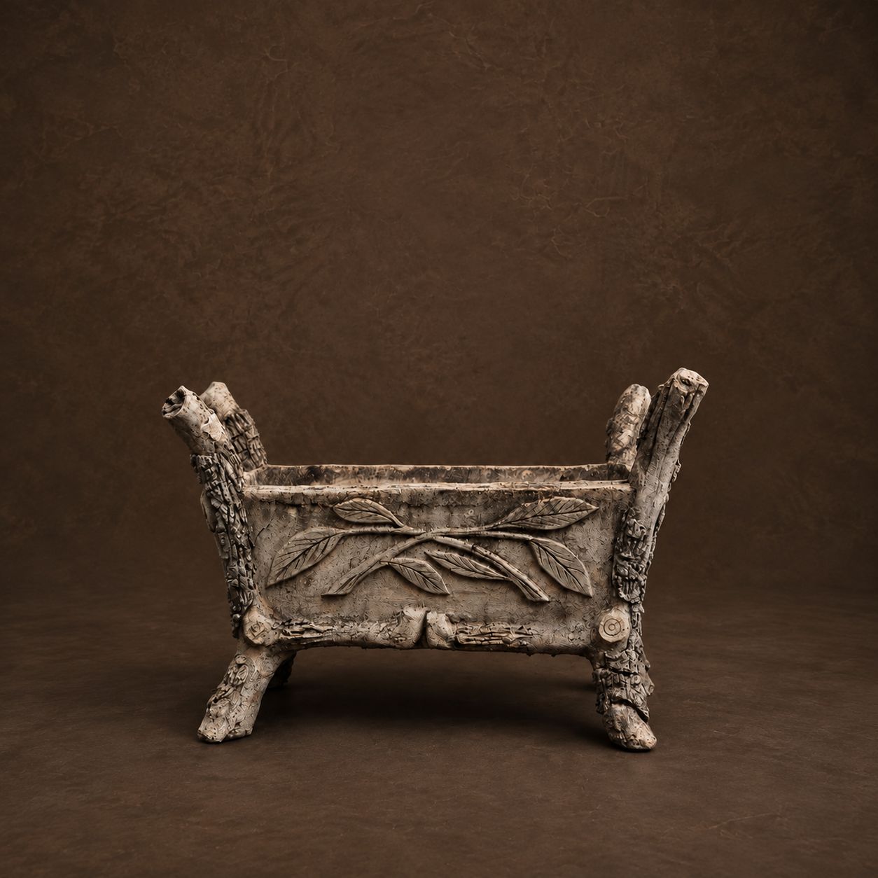 Faux Bois Cast Stone Garden Planter with Floral Motif, France, c.1960's