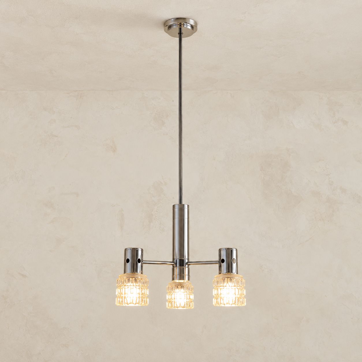 Chrome &amp; Cut Glass Three Light Pendant by Designer See Delmas, France