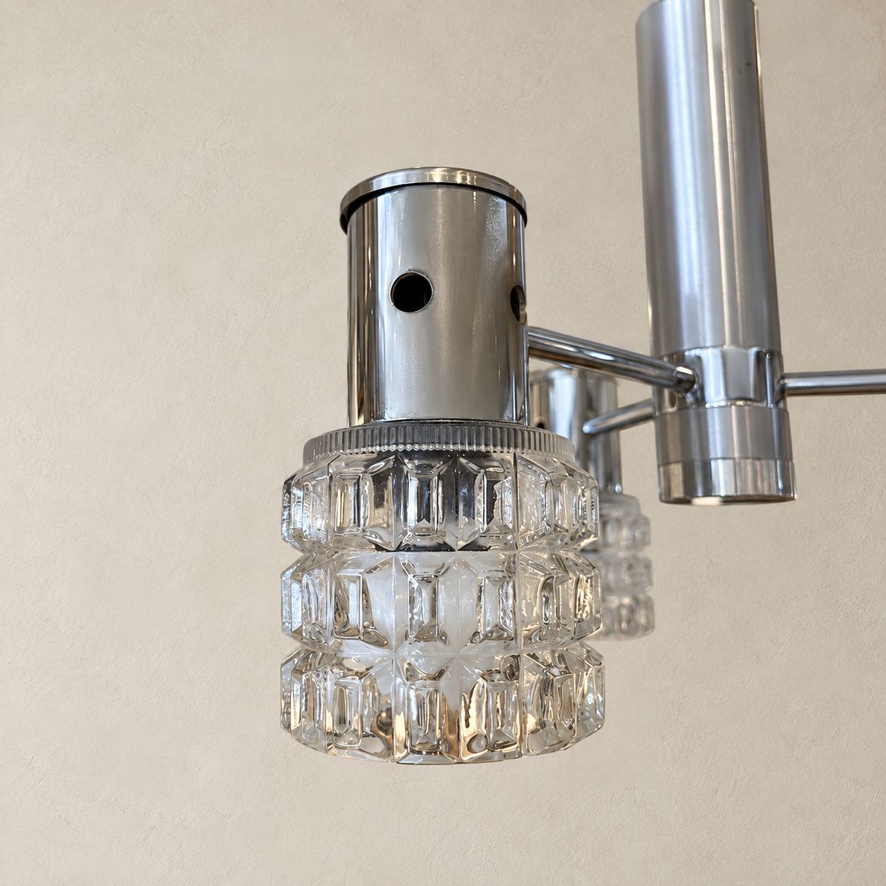 Chrome &amp; Cut Glass Three Light Pendant by Designer See Delmas, France