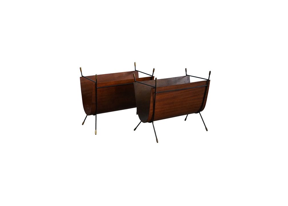 Mid Century Brown Veneer and Metal Magazine Rack