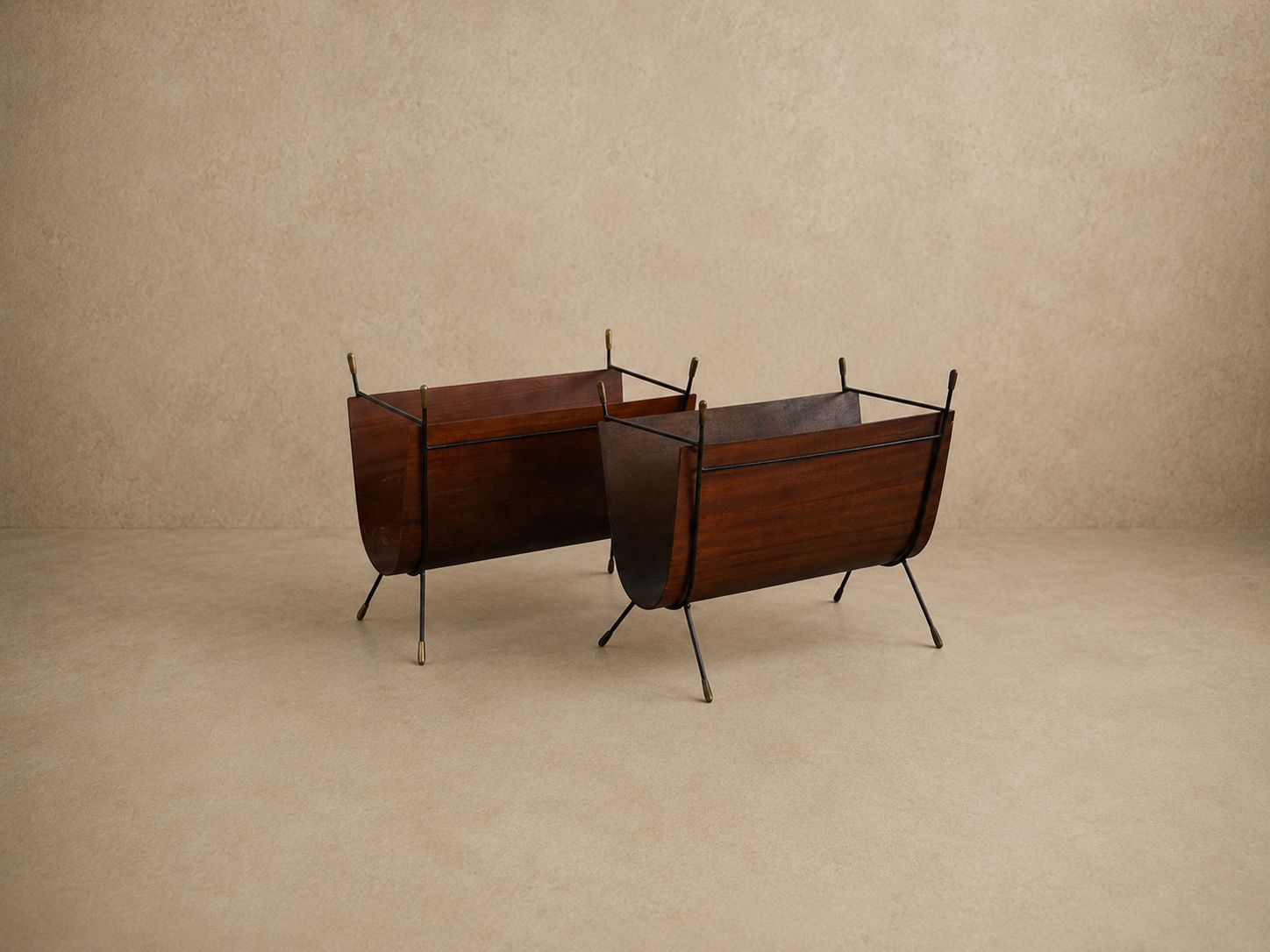 Mid Century Brown Veneer and Metal Magazine Rack