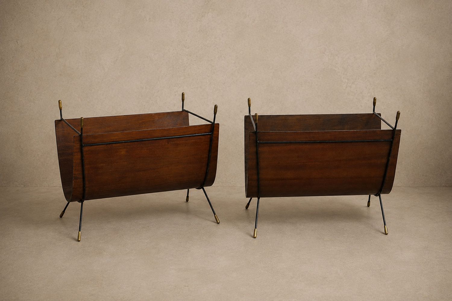 Mid Century Brown Veneer and Metal Magazine Rack