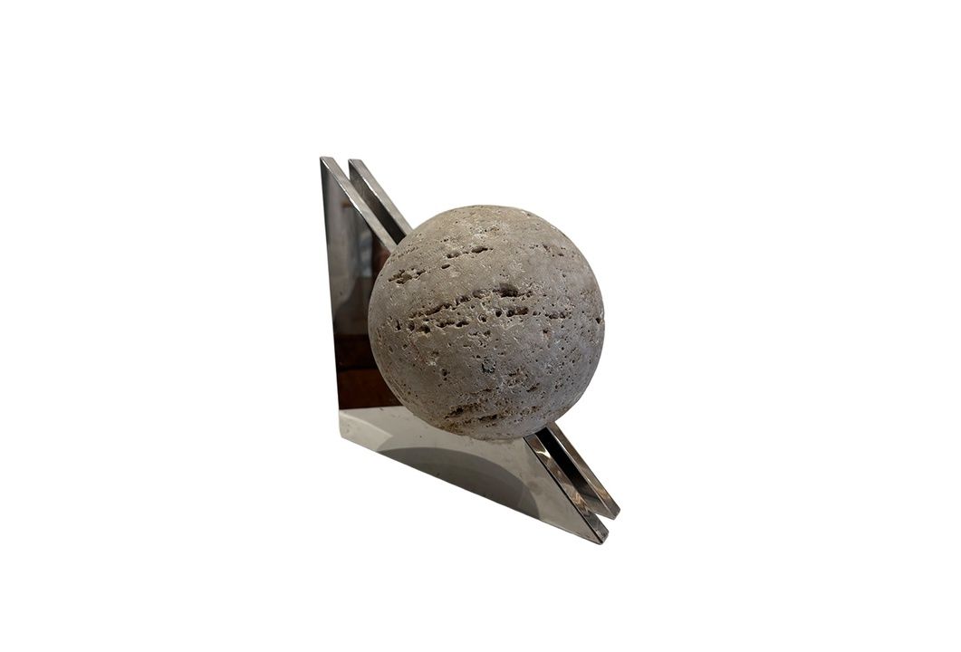 Travertine Ball Sculpture with Chrome