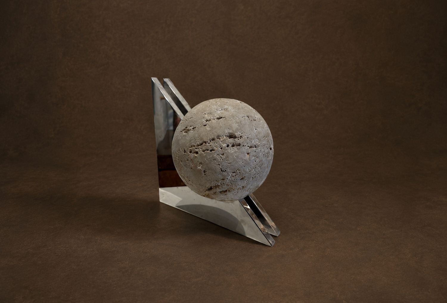 Travertine Ball Sculpture with Chrome