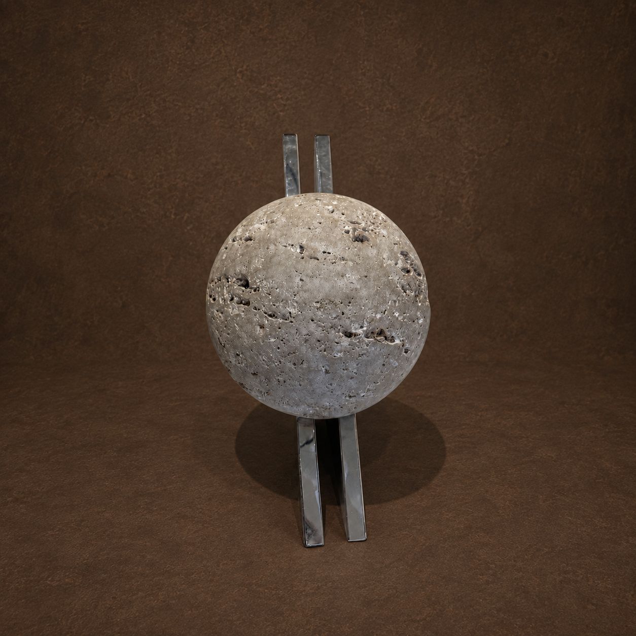 Travertine Ball Sculpture with Chrome