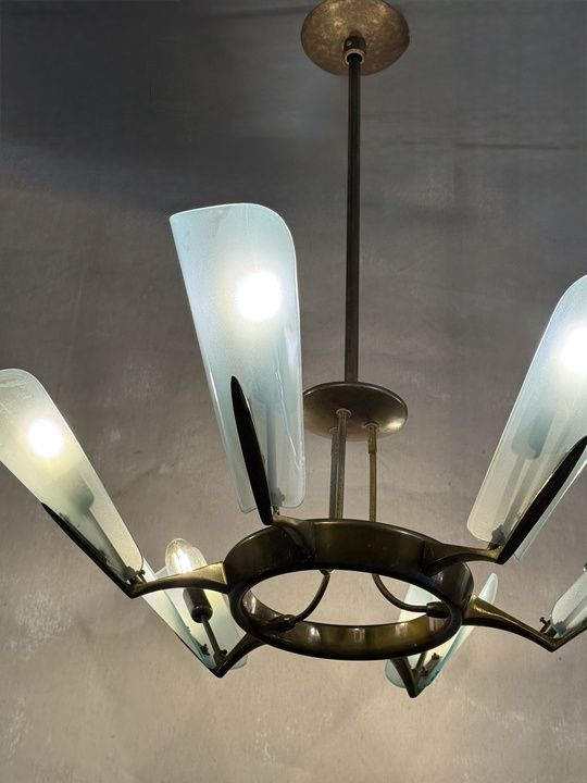 Mid Century Brass &amp; Glass Six Light Pendant