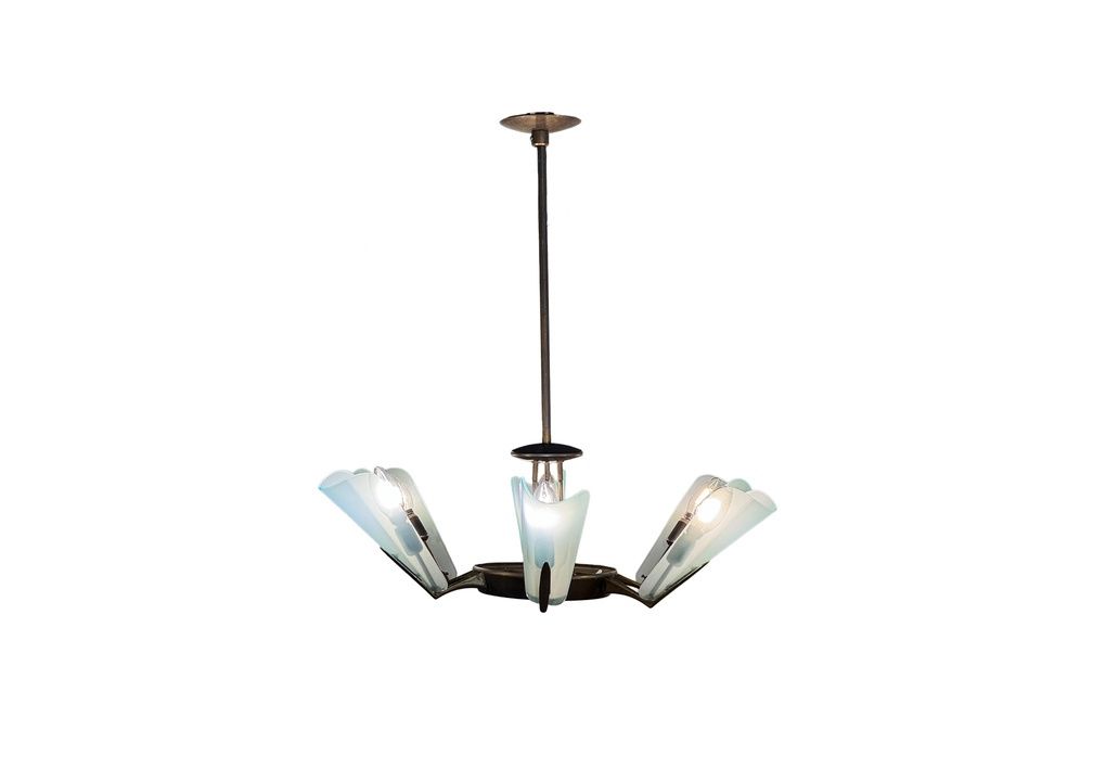 Mid Century Brass &amp; Glass Six Light Pendant