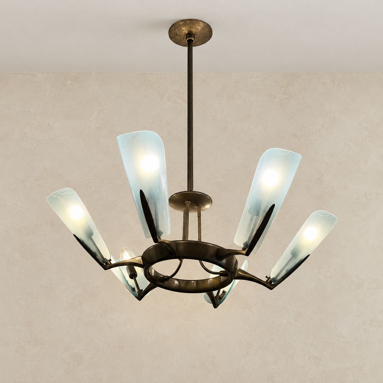 Mid Century Brass &amp; Glass Six Light Pendant
