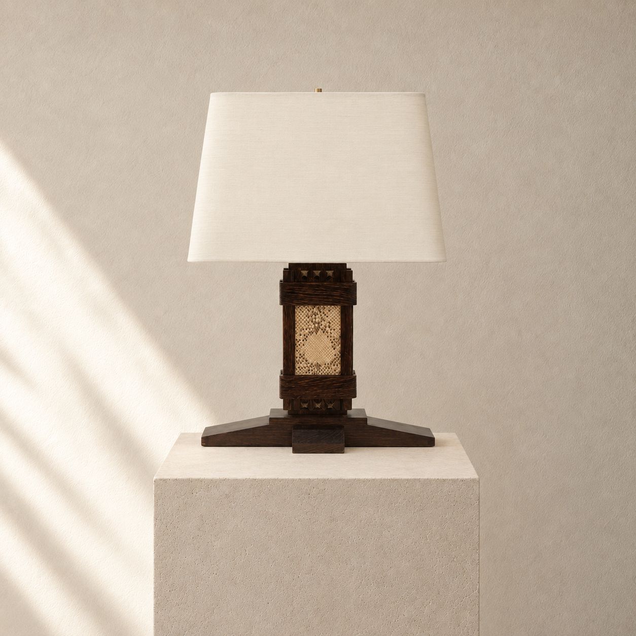 Oak Table Lamp with Snakeskin &amp; Brass Nail Detail, 1950's, France