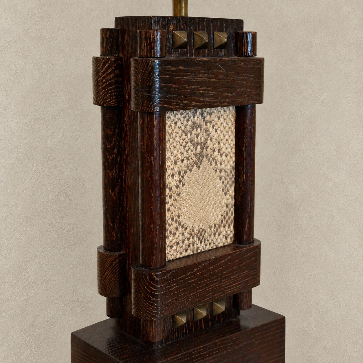 Oak Table Lamp with Snakeskin &amp; Brass Nail Detail, 1950's, France