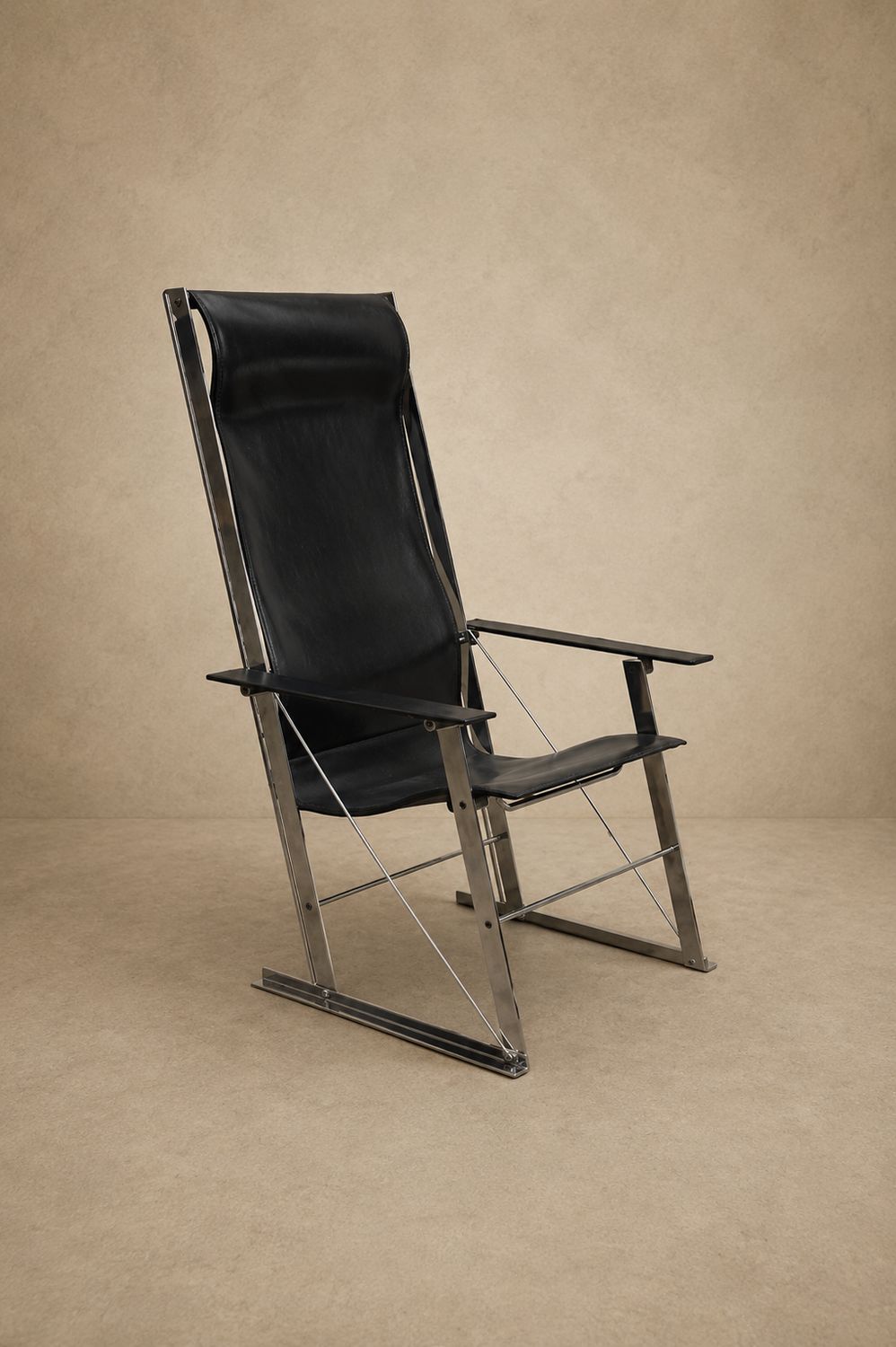 High Back Molded Black Leather Folding Chair with Chrome Frame, c.1970's