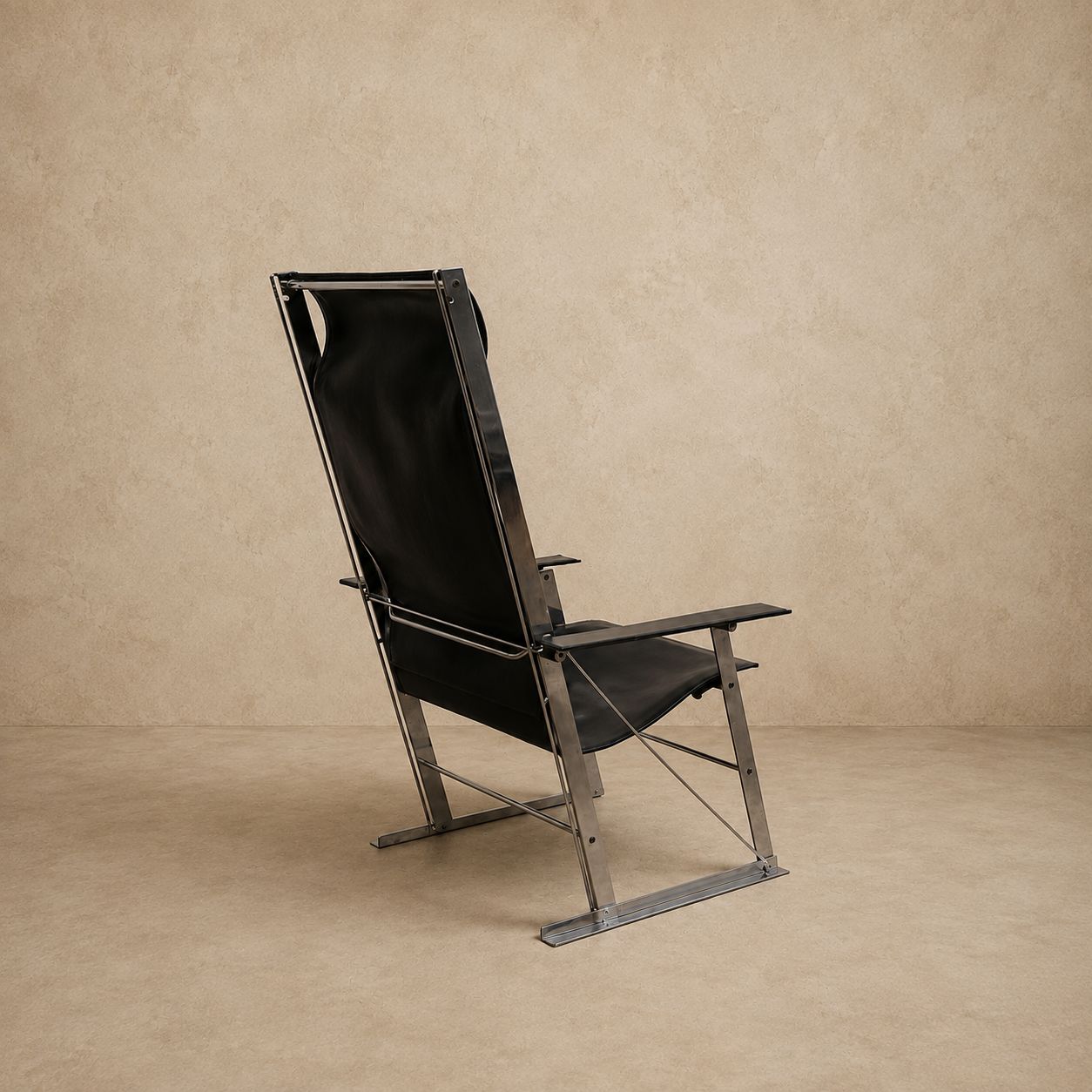 High Back Molded Black Leather Folding Chair with Chrome Frame, c.1970's