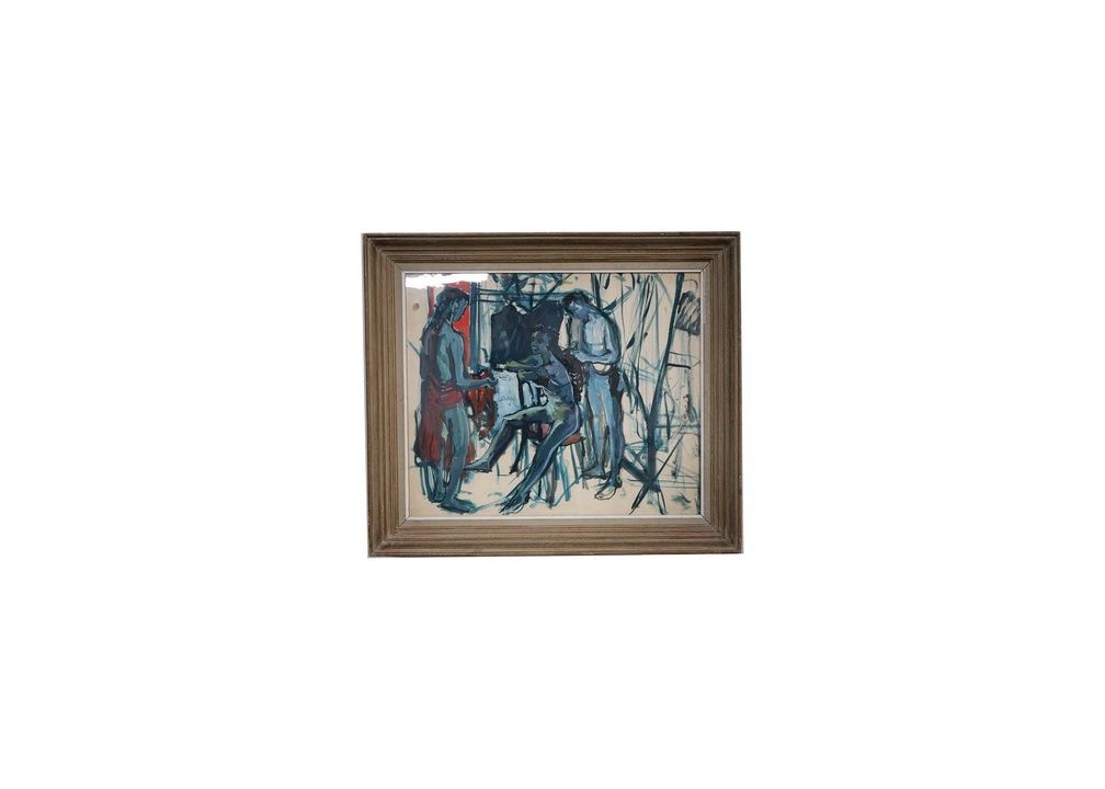 Vintage Framed Abstract Painting of Blue Figures, France