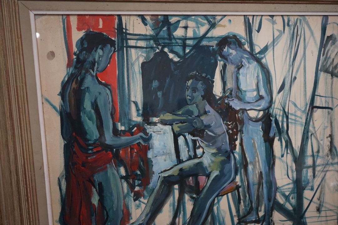 Vintage Framed Abstract Painting of Blue Figures, France