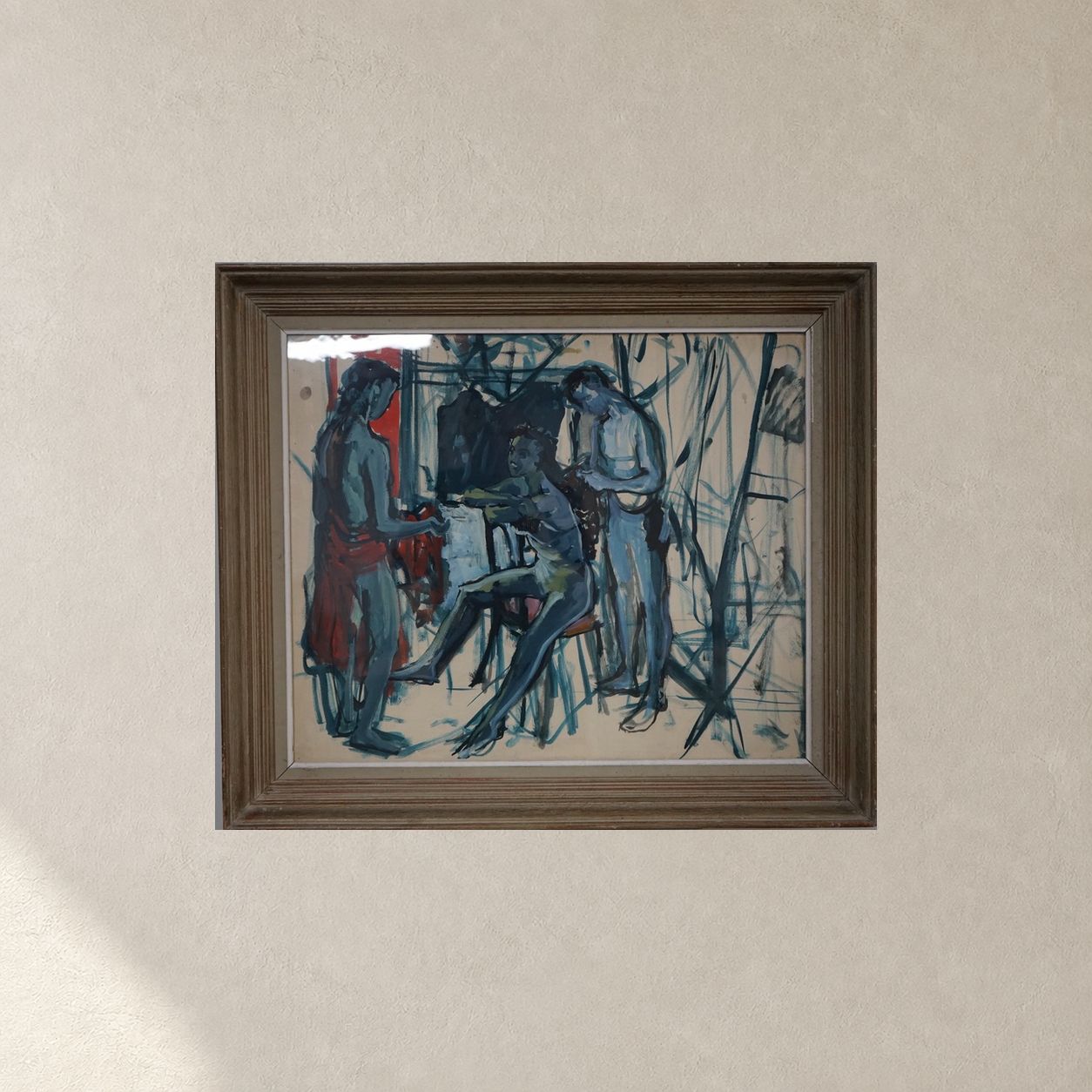 Vintage Framed Abstract Painting of Blue Figures, France