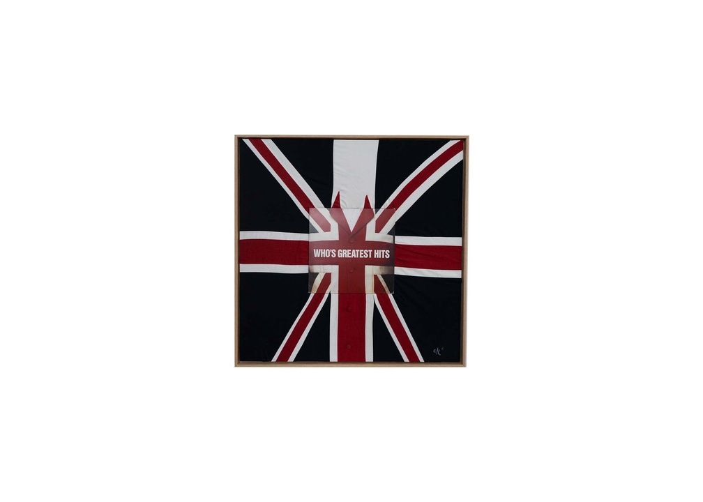 "Who's Greatest Hits" Union Jack Upcycled Art Piece with Oak Frame and Made with Real Vinyl Cover by French Artist Christian Legier
