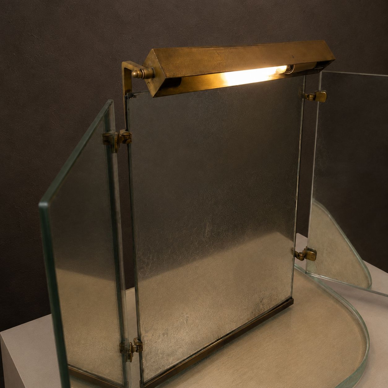 Triptych Tabletop Mirror with Integrated Lighting with St. Gobain Base, c.1940's