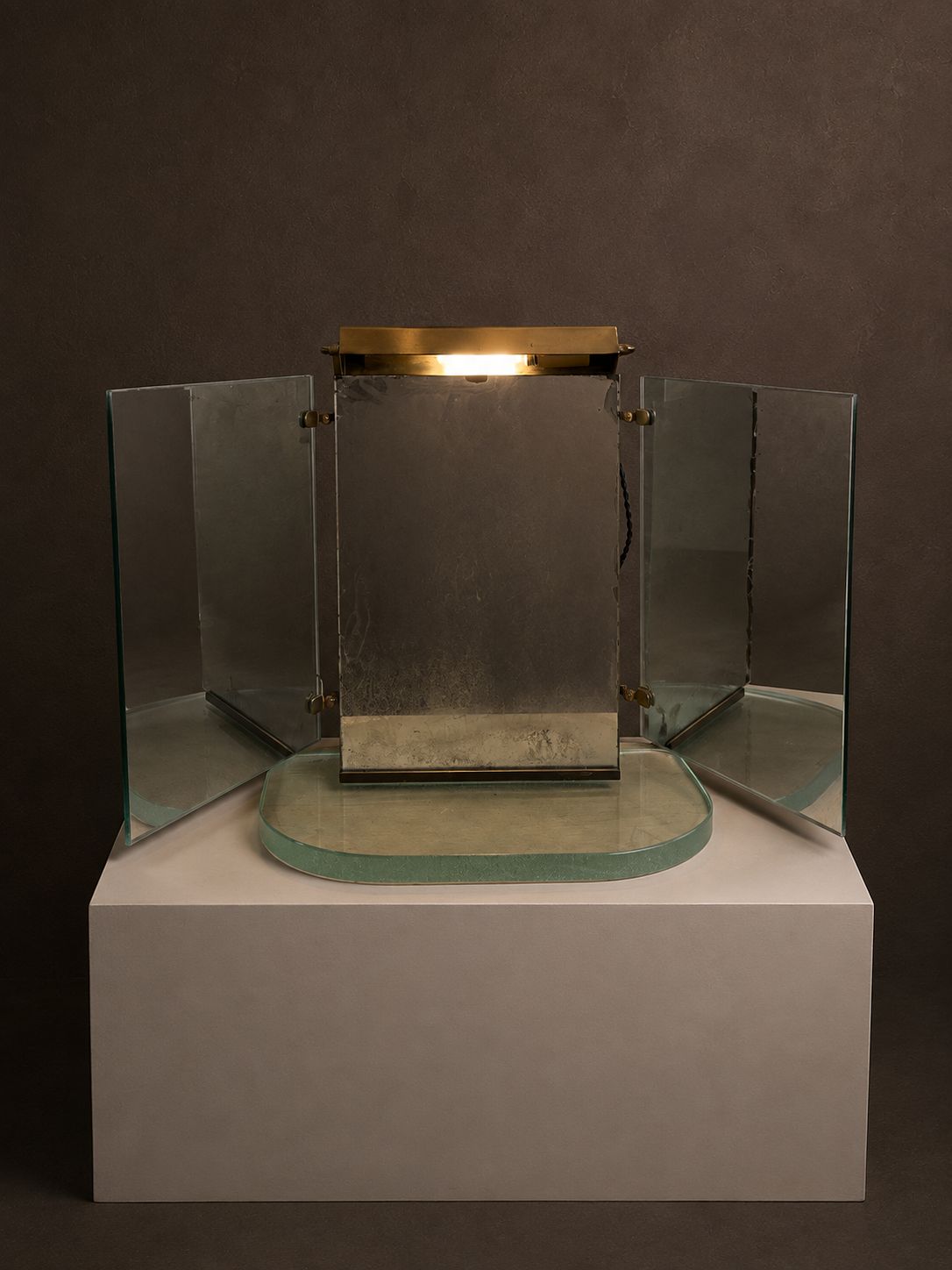 Triptych Tabletop Mirror with Integrated Lighting with St. Gobain Base, c.1940's