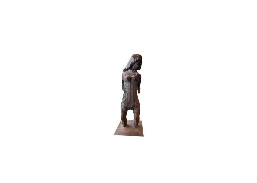 Antique Carved Wooden Figure Statue on Iron Base from Madagascar