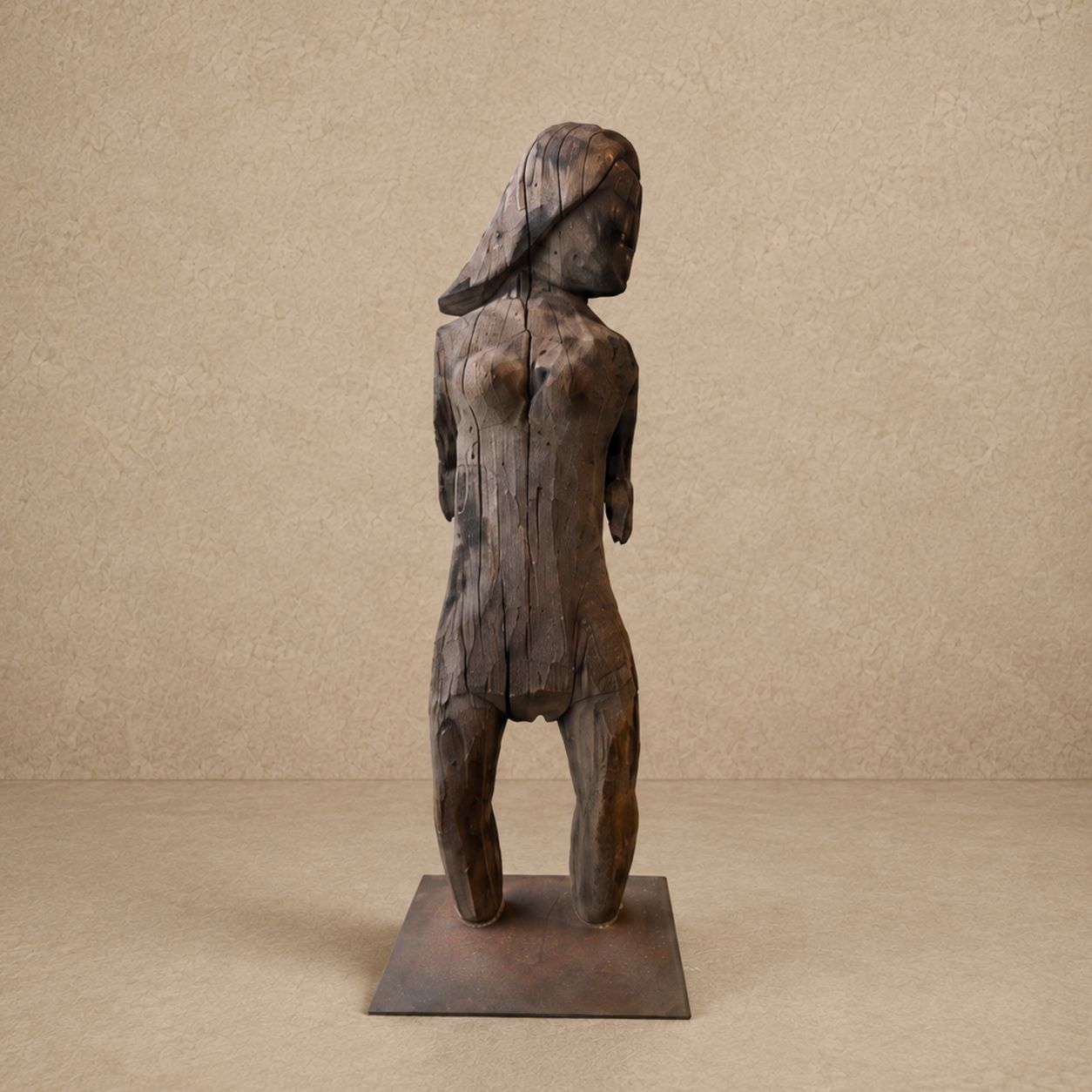 Antique Carved Wooden Figure Statue on Iron Base from Madagascar
