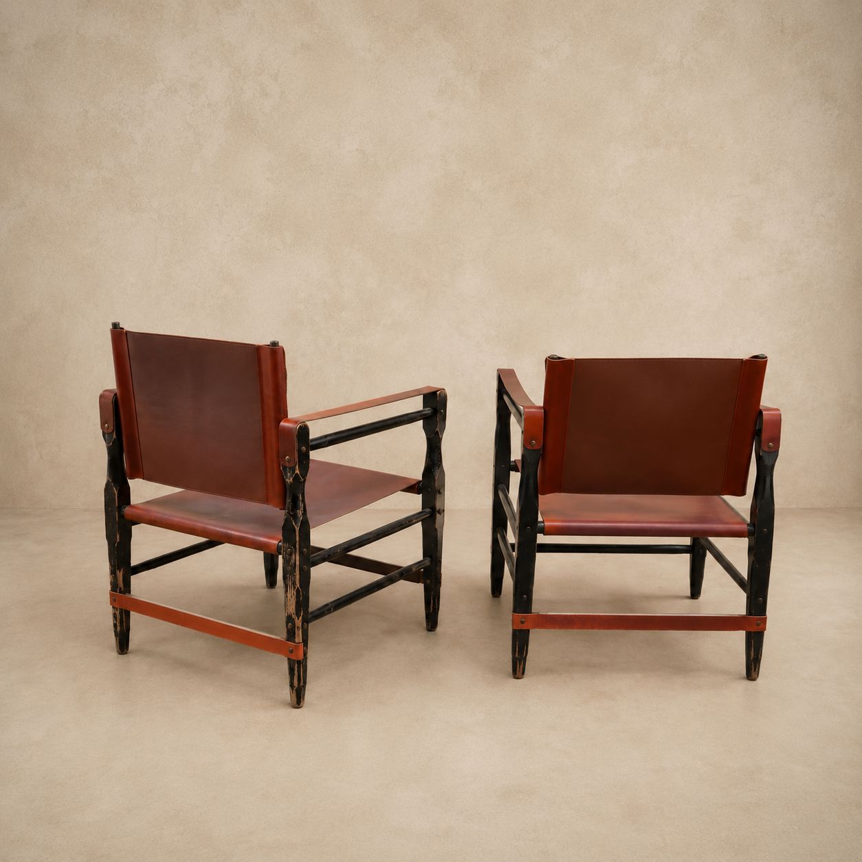 Pair of Vintage Red Leather Safari Chairs, Italy