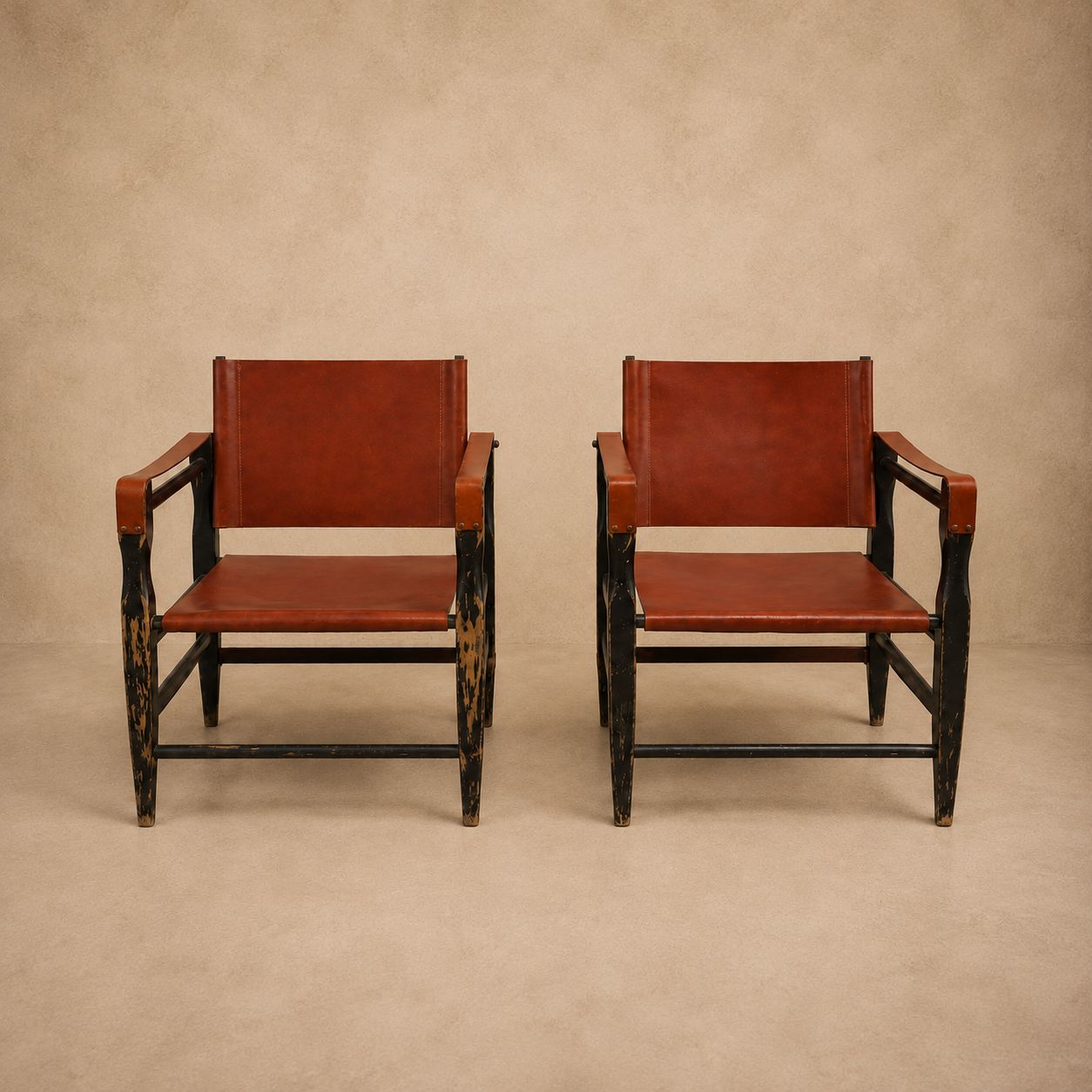 Pair of Vintage Red Leather Safari Chairs, Italy