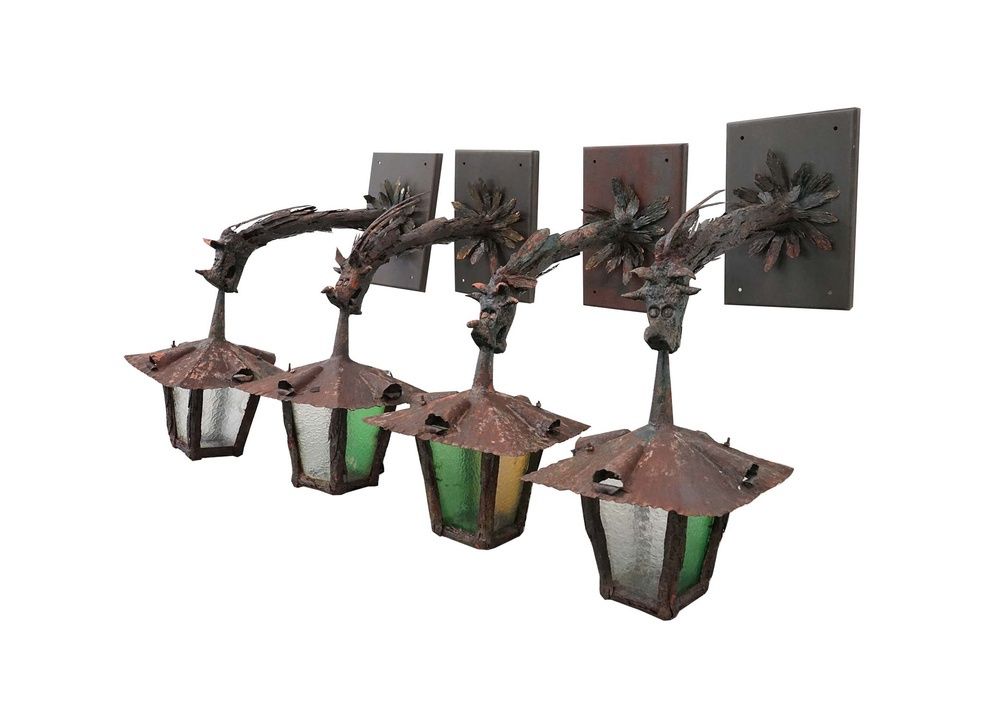 Antique Decorative Metal Wall Mount Lantern with Seeded Glass and Stained Glass, Dragon Head Detail with New Custom Iron Back Plate, Newly Rewired, Early 20th Century