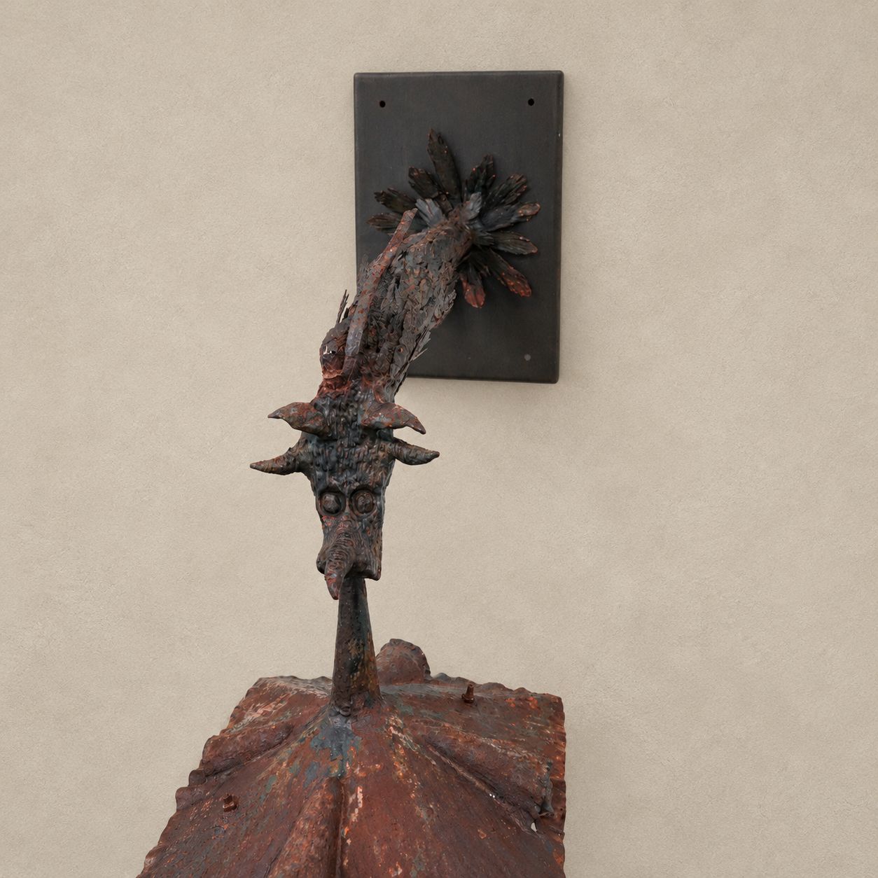 Pair of Antique Decorative Metal Wall Mount Lanterns with Seeded Glass and Stained Glass, Dragon Head Detail with New Custom Iron Back Plate, Newly Rewired, Early 20th Century