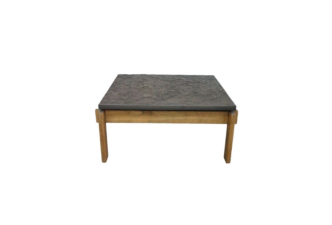 Brutalist Coffee Table with Stone Top and Oak Legs