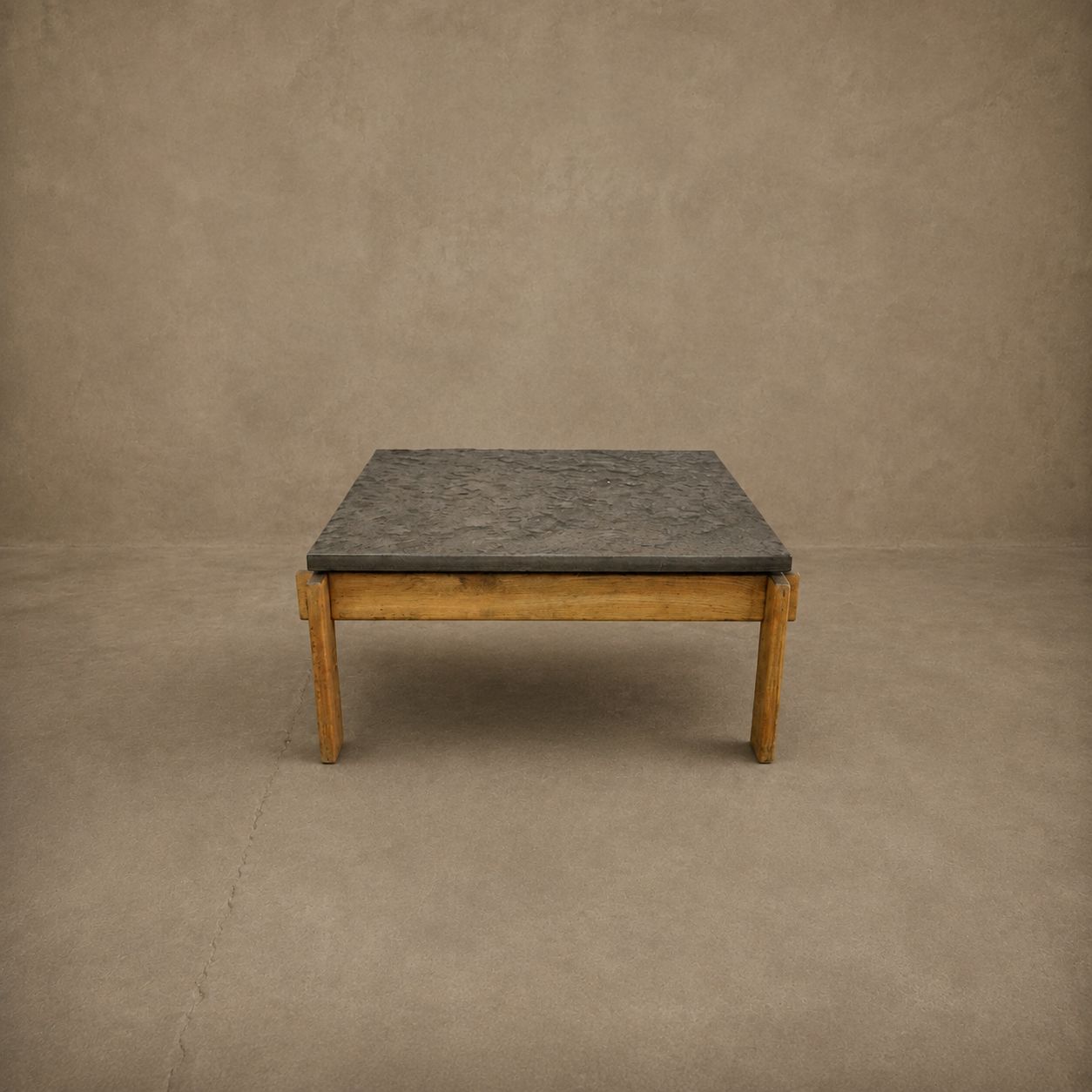 Brutalist Coffee Table with Stone Top and Oak Legs