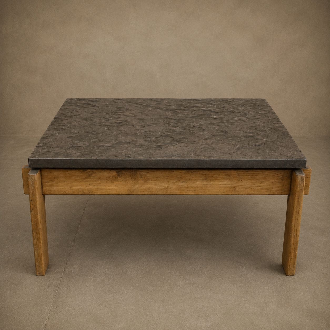 Brutalist Coffee Table with Stone Top and Oak Legs