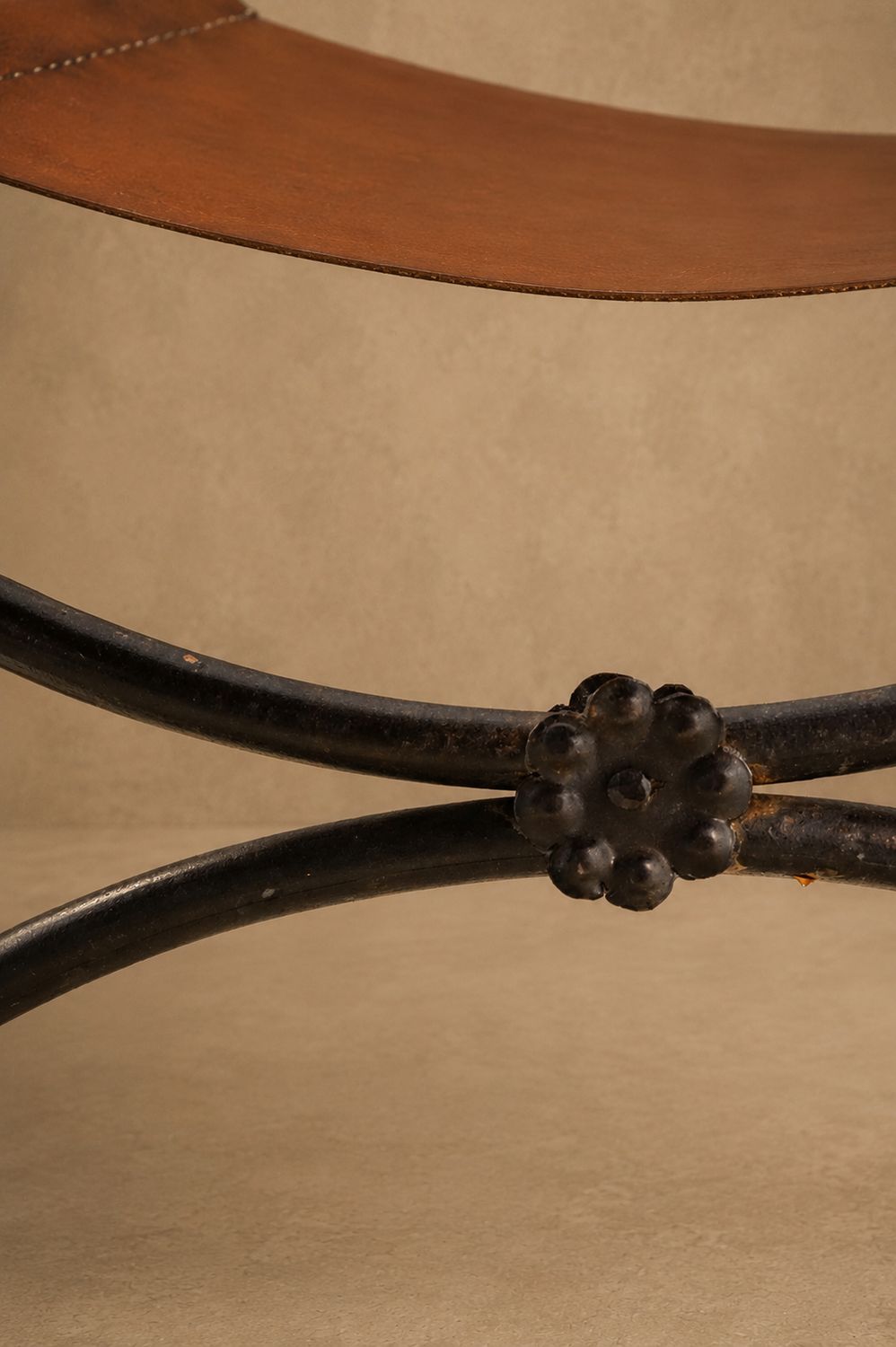 Wrought Iron and Brass Savonarola Leather Sling Stool with New Leather