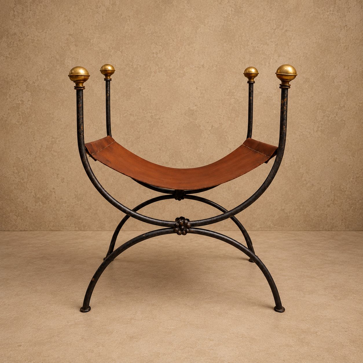 Wrought Iron and Brass Savonarola Leather Sling Stool with New Leather