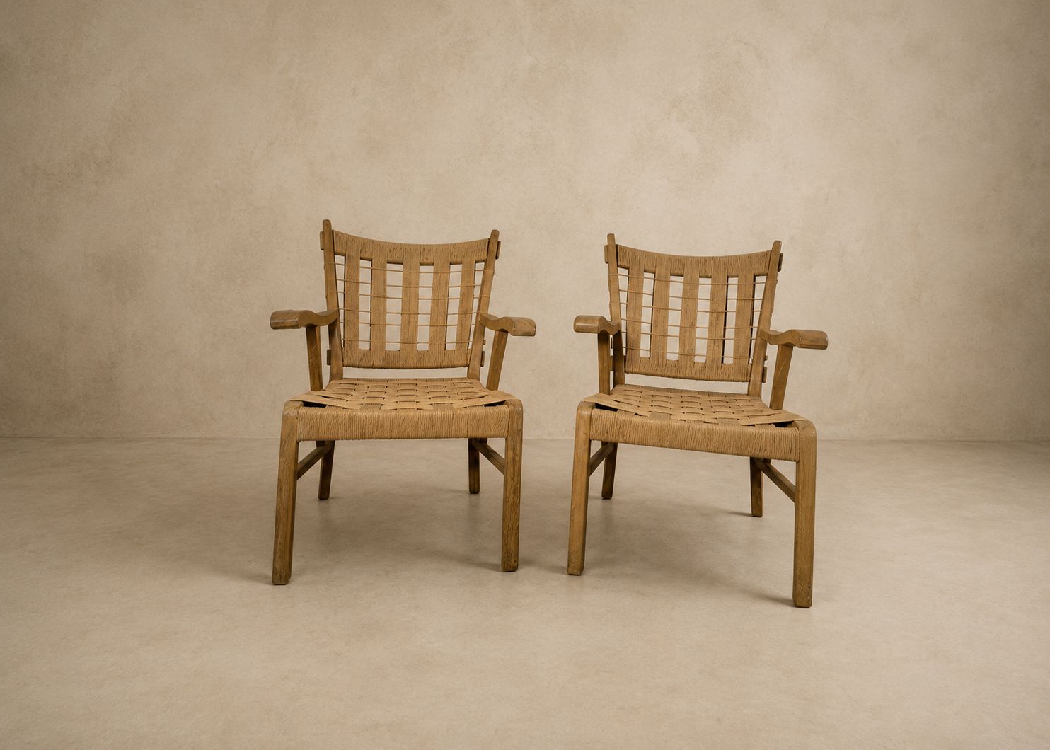 Pair of Oak Corded Armchairs