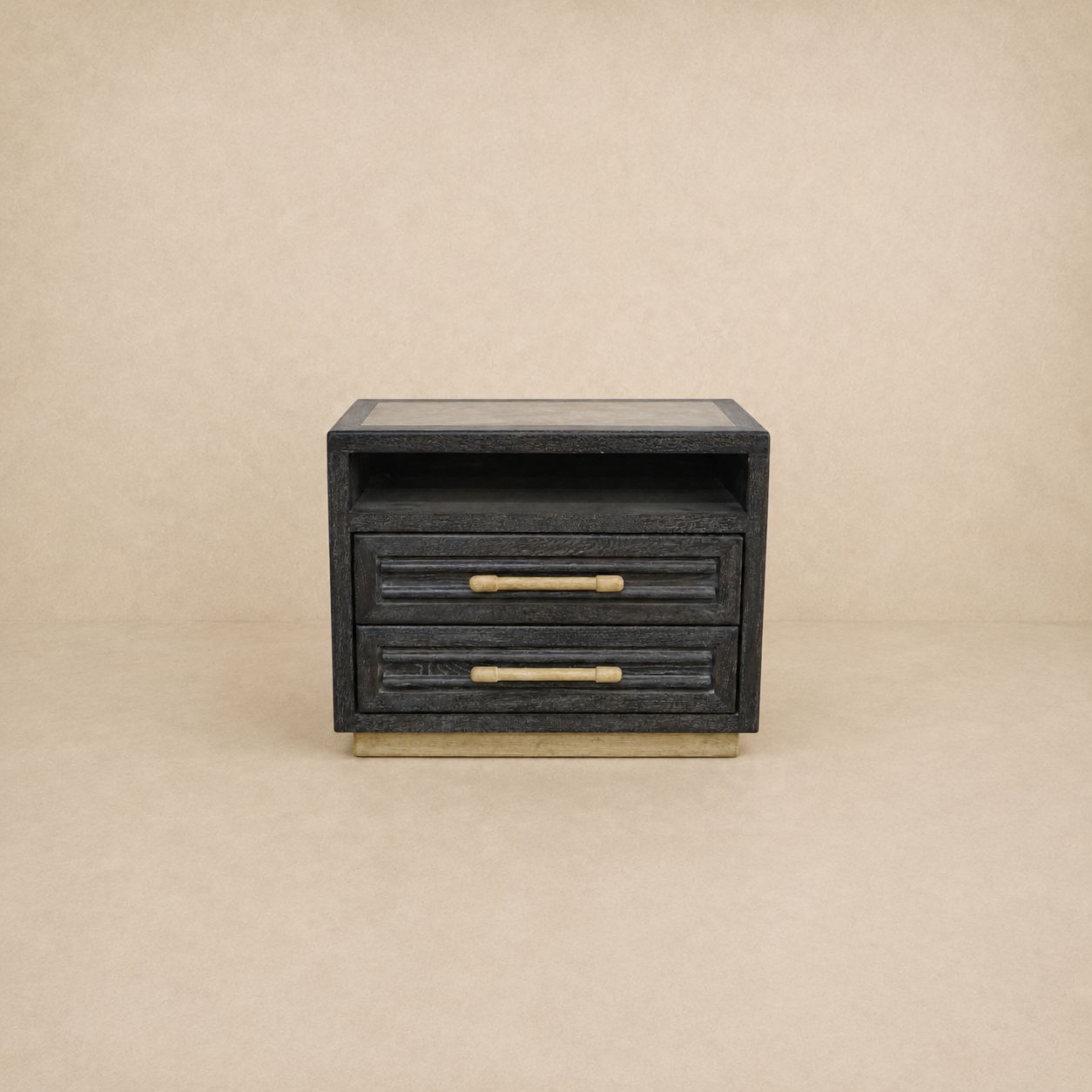 Newly Constructed Black Cerused Nightstand with Oak Handles
