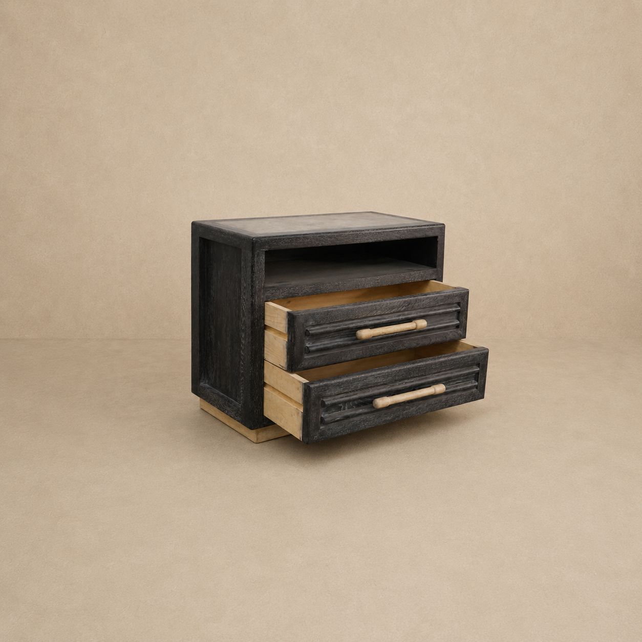 Newly Constructed Black Cerused Nightstand with Oak Handles