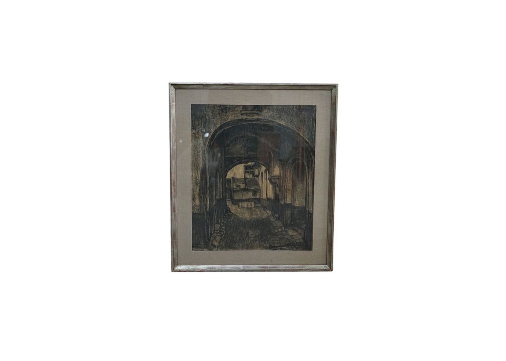 Charcoal of Alley in Hungary "Looking Into The Past" Framed &amp; Signed, 27 1/2" x 32"