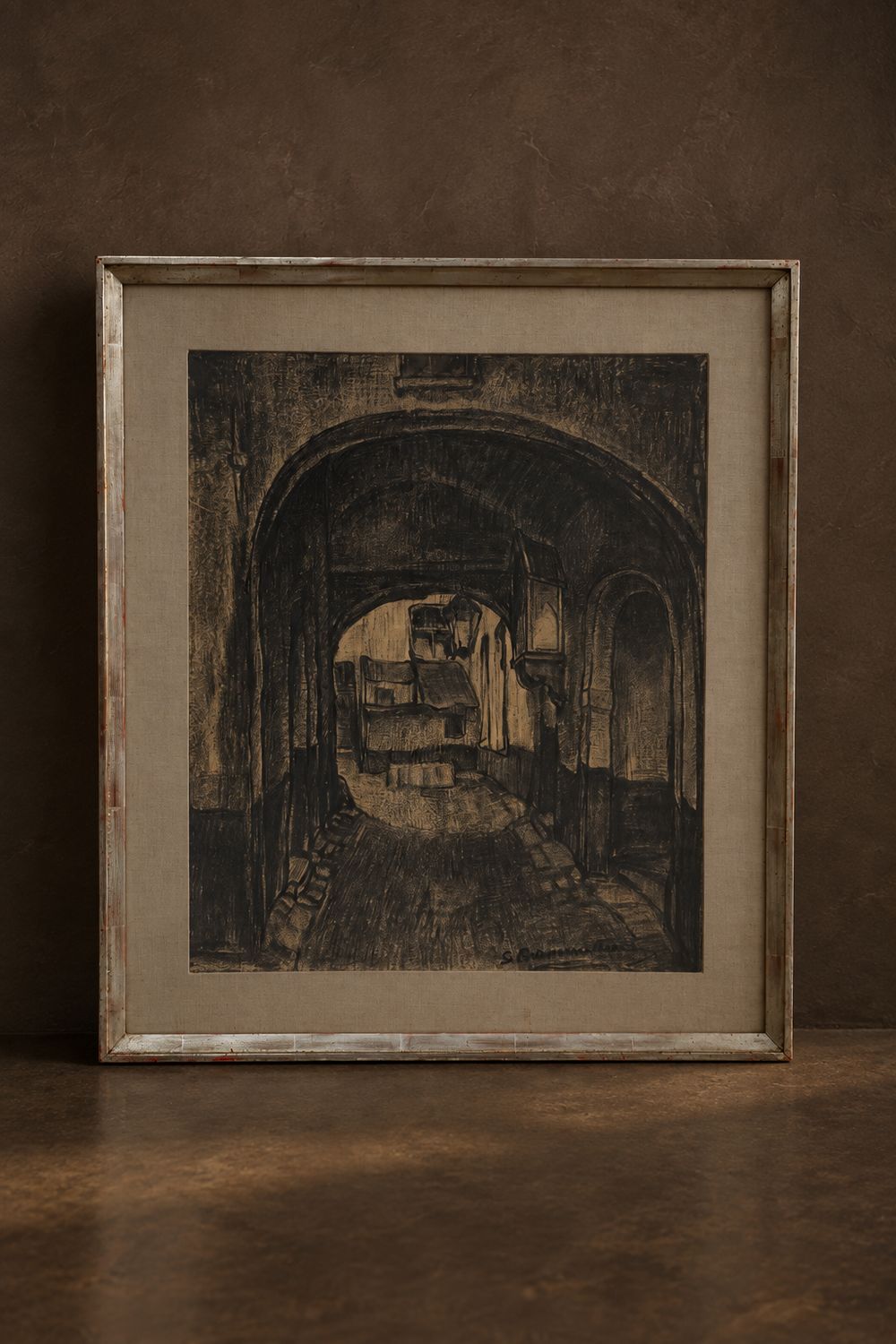 Charcoal of Alley in Hungary "Looking Into The Past" Framed &amp; Signed